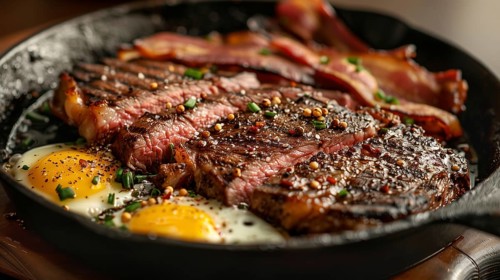 Cast iron pan with thick steak and eggs cooking. generative AI, AI generated