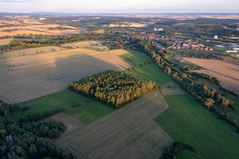 View from a hot-air balloon of open-cast mining, gypsum mining, wind turbines, Ellrich, Thuringia,