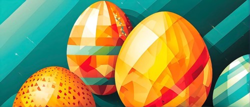 Abstract Easter egg design with geometric patterns, bold colors, and a mix of textures, creating a
