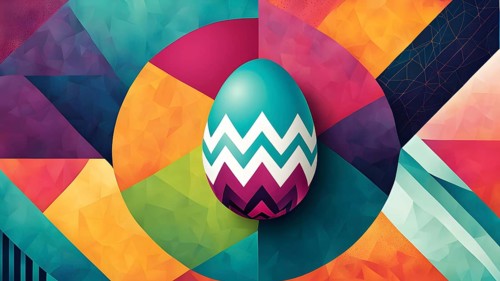 Abstract Easter egg design with geometric patterns, bold colors, and a mix of textures, creating a