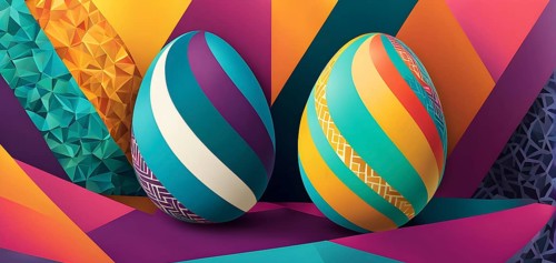 Abstract Easter egg design with geometric patterns, bold colors, and a mix of textures, creating a