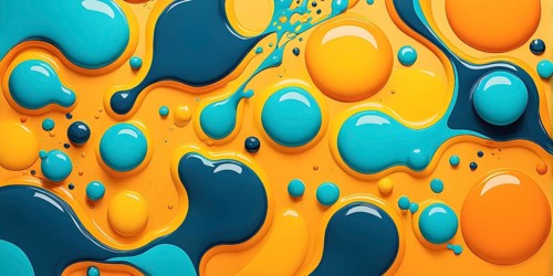 Abstract wallpaper with colorful turquoise and yellow blobs and liquid shapes on a orange