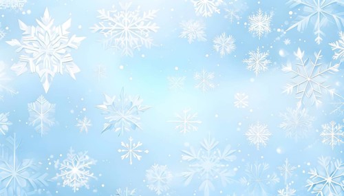 Abstract pattern of snowflakes in varying sizes and shapes in soft white and blue gradients, AI