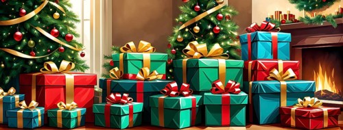 Abstract illustration of wrapped Christmas gifts, shiny ribbons and bows, stacked under a evergreen