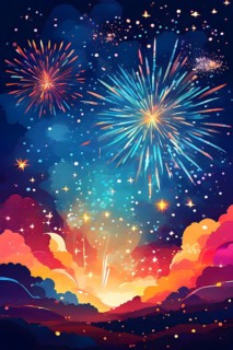 Wallpaper illustration of an explosion of vibrant fireworks colors in a night sky, symbol for happy
