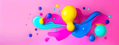 Abstract image with colorful yellow and turquoise blobs and liquid shapes on a pink background, AI