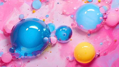 Abstract image with colorful yellow and turquoise blobs and liquid shapes on a pink background, AI