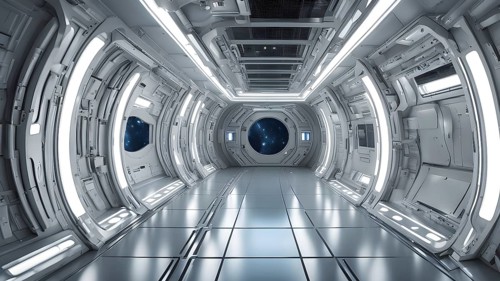 Three dimensional render of futuristic corridor inside a spaceship or space station, AI generated