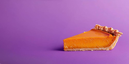 Banner with single slice of pumpkin pie on purple background with copy space. Generative Ai, AI