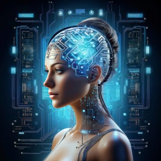 Illustration of a human brain merging with a woman's head intertwined with microchips and a