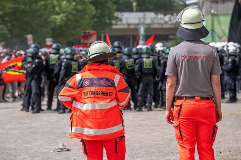 Johanniter Unfallhilfe rescue service at the demonstration against the AFD party conference in