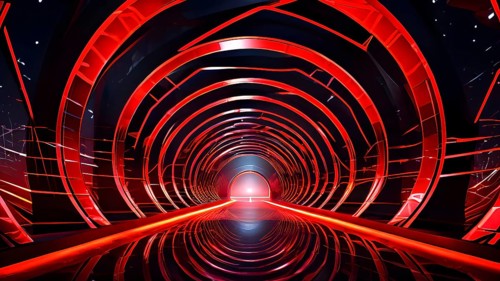 Abstract geometric pattern tunnel structure embodying data streams and communication in red hues,