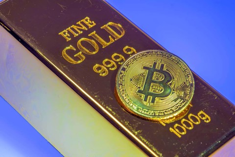 Cryptocurrency, gold bar, guarantor for analogue currencies, symbol coin, optical placeholder for