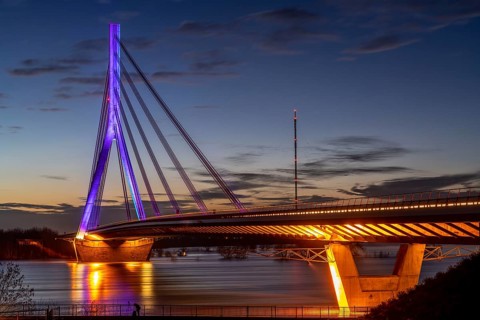 The Rhine bridge in Wesel, Lower Rhine bridge, road bridge of the federal road B58, evening