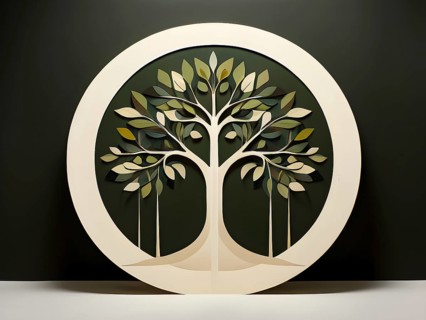 Abstract geometric tree with a circular canopy and a rectangular trunk, arranged in a clean,