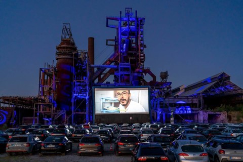 Drive-in cinema Dortmund, against the backdrop of the former blast furnace plant Phönix-West in