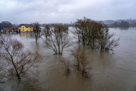 Flood on the Ruhr, here near Hattingen, buildings at a flooded campsite, completely surrounded by