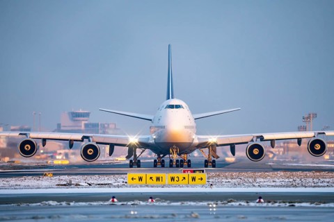 Lufthansa Boeing 747-8, on the taxiway to Runway West, Frankfurt FRA Airport, Fraport, in winter,