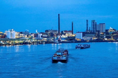 Backdrop of Chempark Leverkusen, Bayer Leverkusen, chemical park, chemical plant, river Rhine,