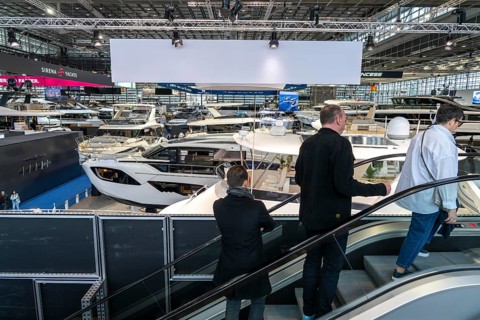 Large yachts, luxury yachts, in Hall 6 of BOOT 2024, the world's largest yacht and water sports