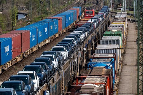 Duisburg-Rheinhausen freight station, at the Logport harbour area, goods trains loaded with new