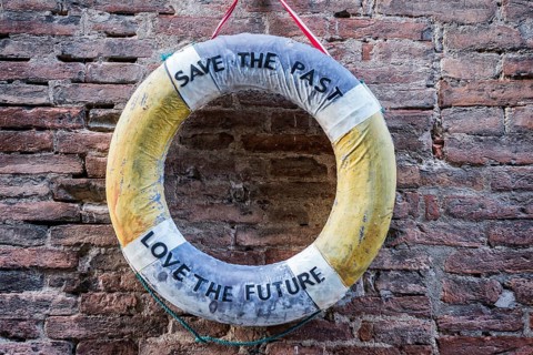 Lifebuoy with references to climate change, message, slogan, climate protection, future