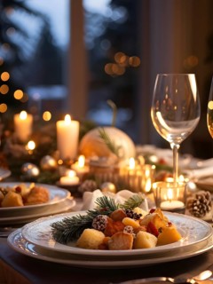 Close up of Christmas dinner table with traditional festive foods and ambient candlelight, AI