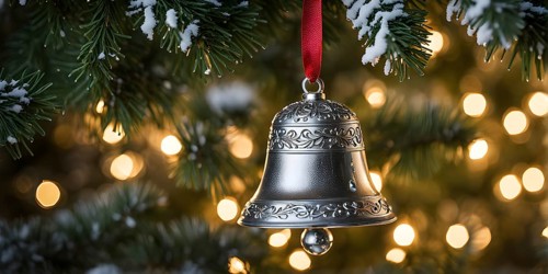Vintage Christmas bell ornament hanging on a snow-dusted evergreen branch, capturing the intricate
