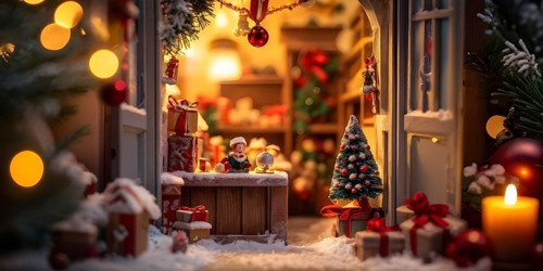 Traditional advent calendar door opening, showing a tiny festive scene inside with miniature