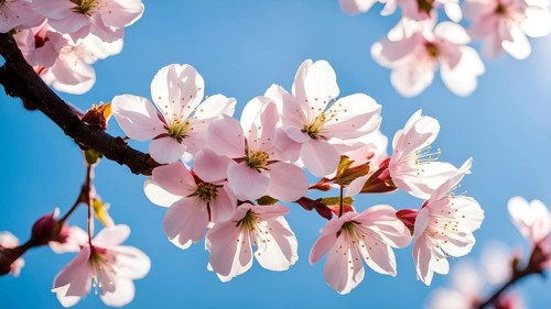 Blooming cherry blossoms with soft pink petals against a clear blue sky, with delicate sunlight