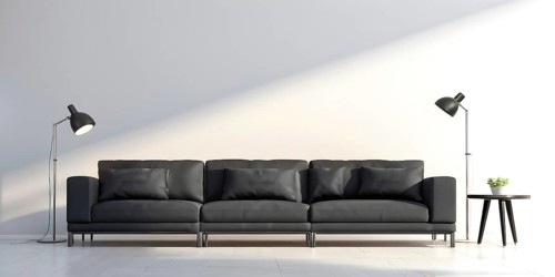 3d rendering of a couch with cushions and a floor lamp, AI generated