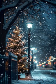 Christmas Eve with snowflakes fall under the light of a streetlamp with a decorated tree in the