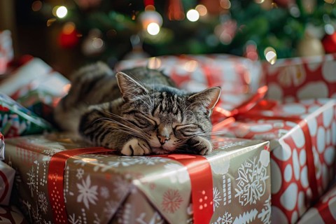 Cat sleeping on Christmas presents. Generative Ai, AI generated