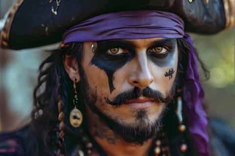 Portrait of a man artistically adorned with a halloween pirate costume and face makeup, AI