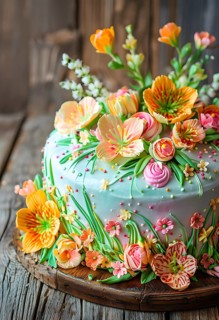 Decorated Easter cake with intricate icing flowers and colorful sprinkles, placed on a rustic
