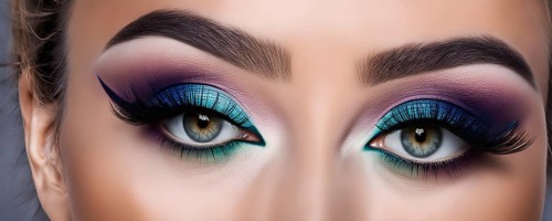 Close up of eye featuring vibrant colored eyelids with intense eye shadow, AI generated