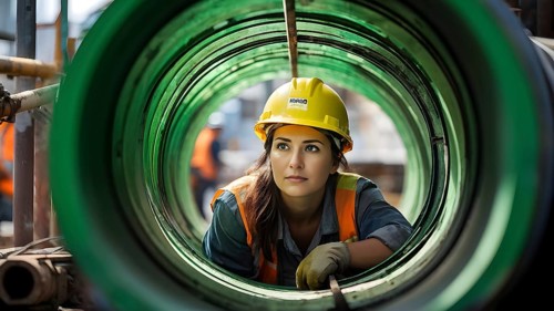 Portrait of a female construction worker wearing a yellow helmet, AI generated