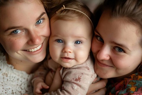Happy Caucasian female homosexual couple with young child. Generative Ai, AI generated