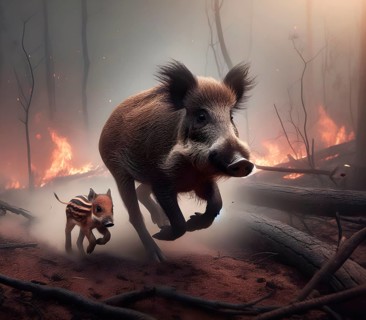Climate change, global warming, environmental catastrophe, a female wild boar with young boar flees