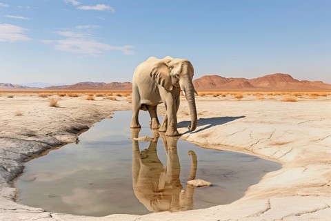 Desert elephant reflecting in a water pond, Africa, AI generated