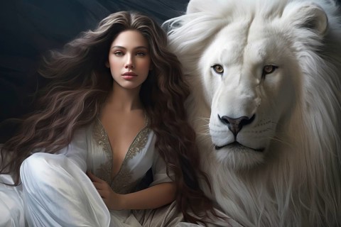 Beautiful young woman with long dark hair with her white pet lion, AI generated