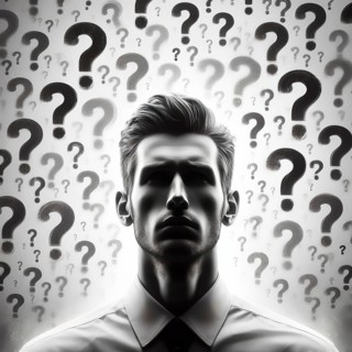 A man whose head is buzzing with question marks, symbolic image knowledge, question, question mark,
