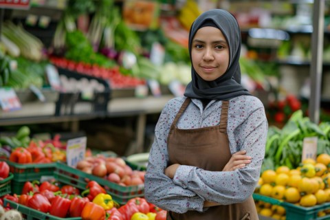 Female shop keeper with hijab headscarf in small store selling vegetables and fruits. KI generiert,