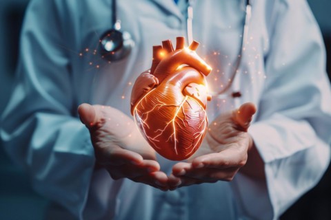 Doctor's hands holding virtual glowing image of human heart. KI generiert, generiert, AI generated