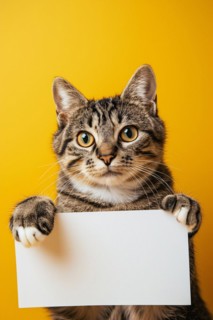 Tabby cat holding empty white sign in front of studio background. KI generiert, generiert, AI
