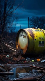 Representation of illegal nuclear waste barrel leaking radioactive material, AI generated