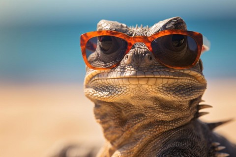 Funny lizard with sunglasses on beach. KI generiert, generiert, AI generated