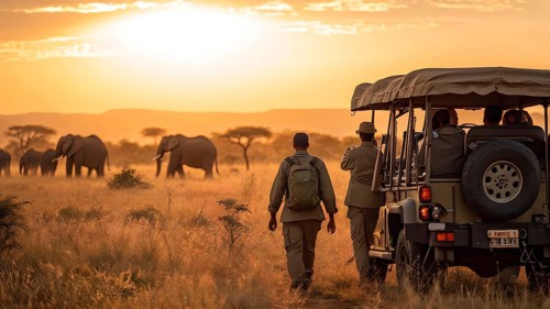 Jeep staged near majestic elephants grazing in the sweeping expanse of the african savanna, AI