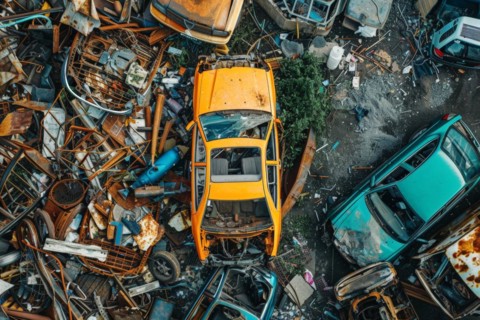 Aerial view, top down view of a scrap car, wreck, in a scrap yard, car graveyard, AI generated, AI
