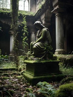 Statue in a deserted plaza moss and vines claiming it as their own, AI generated